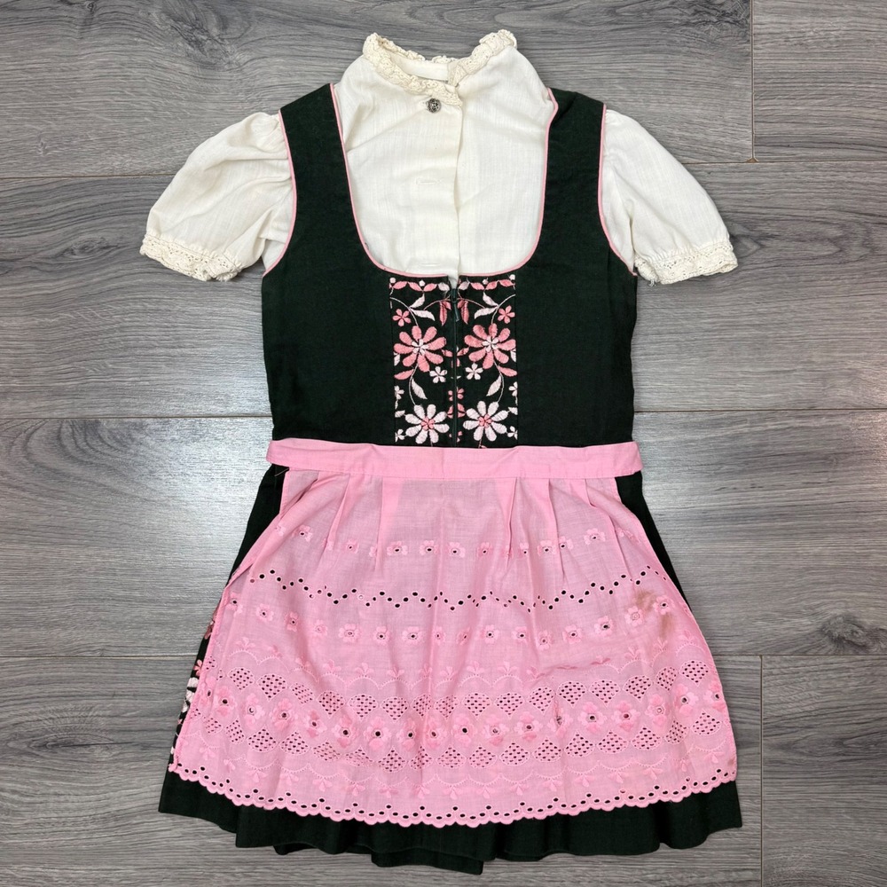 Vintage German Dirndl Set Kids Sz 6 Green Pink Floral Dress Apron Oktoberfest